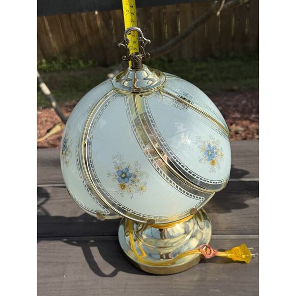 Vintage 3-Way Gold Tone Touch Accent Lamp 6 Swoop Blue Floral Glass Panels 14" - Picture 7 of 8